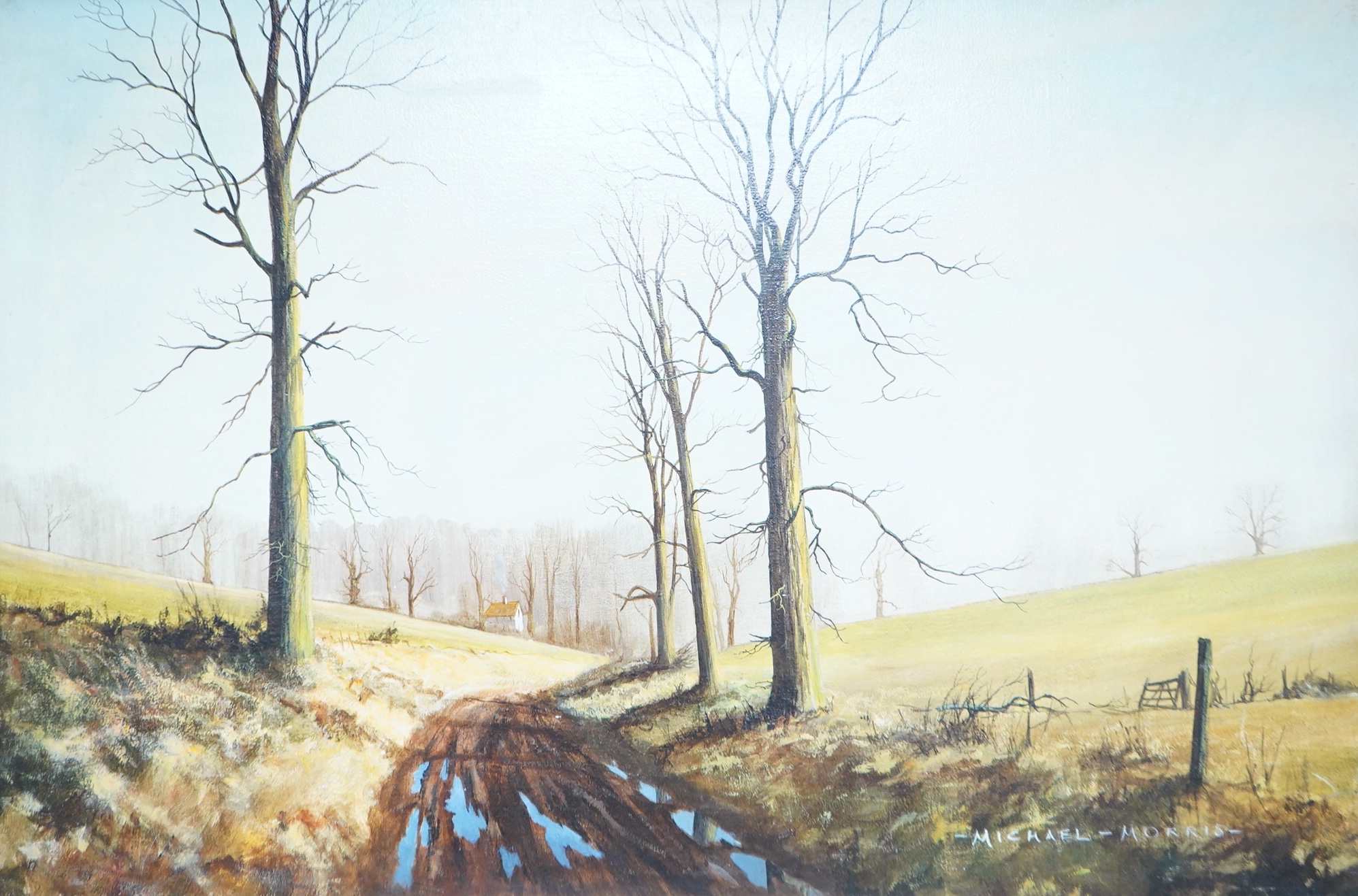 Michael Morris, Rural scene with cottage before trees, signed, oil on canvas, 49 x 75cm
